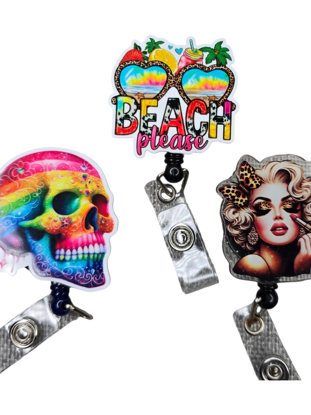 Colorful Badge Reel Trio - Rainbow Skull, Beach Please, Retro Glam